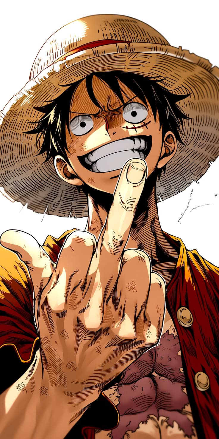 one piece character pointing to the side with his finger up and wearing a straw hat