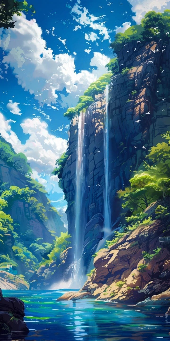 an anime scene with waterfall and blue sky
