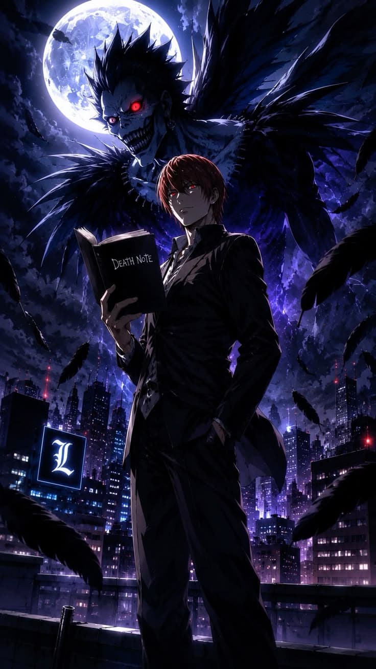 an anime character standing in front of a city at night with his arms crossed and eyes closed