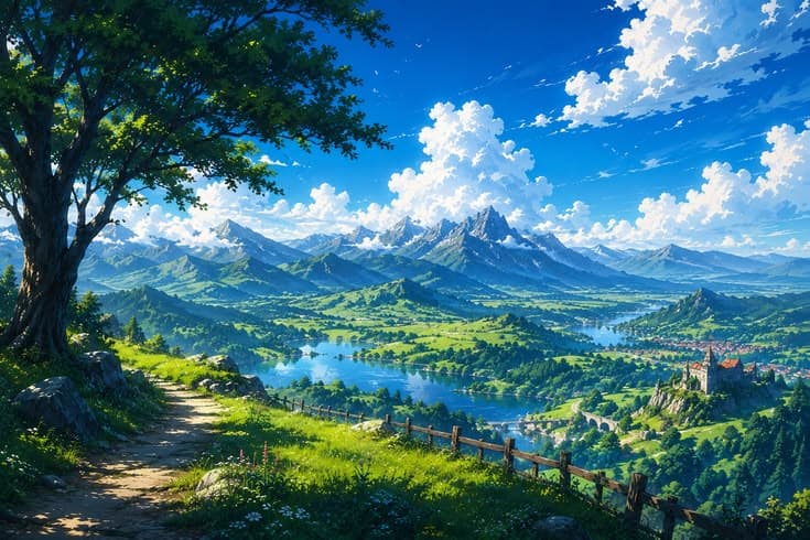 a painting of a scenic landscape with mountains, trees and a river in the foreground