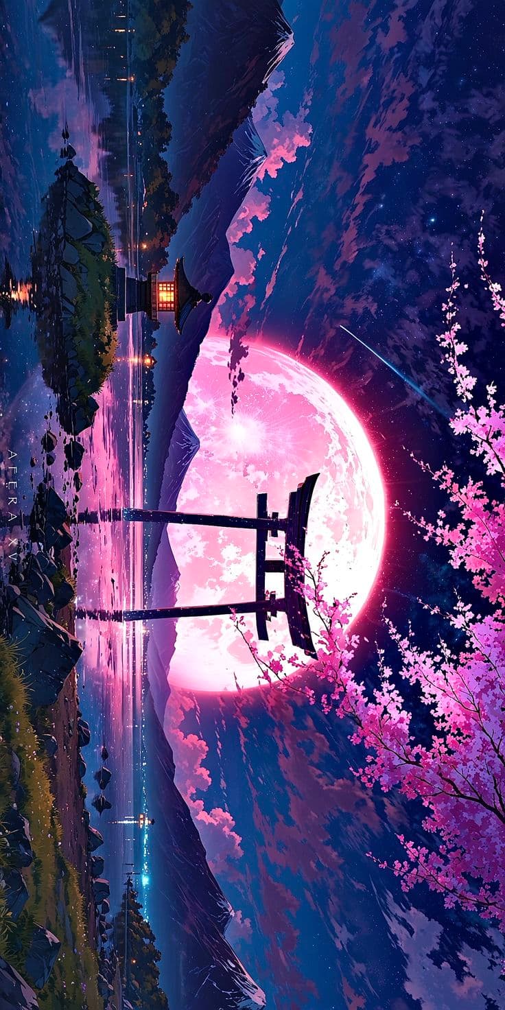 a full moon in the night sky with trees and flowers around it