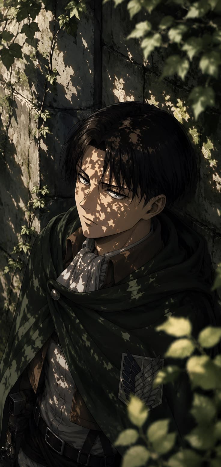 a young man standing next to a stone wall covered in green leaves and ivys