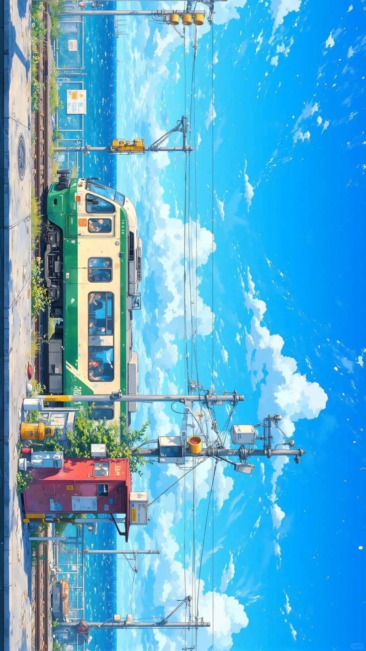 a train going down the tracks next to water and power lines with clouds in the background