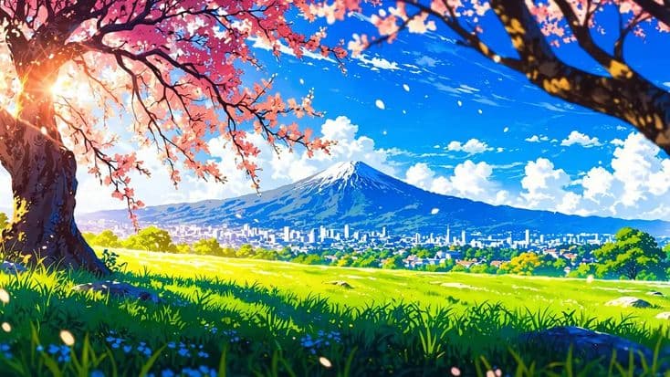 an anime scene with the sun shining through trees and mountains in the background, as well as flowers on the grass