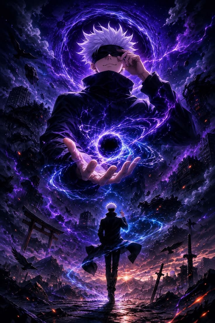 an anime character standing in front of a purple and blue background with lightnings around him