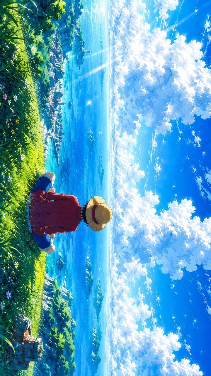 a woman in a red dress and hat standing on the grass next to a body of water