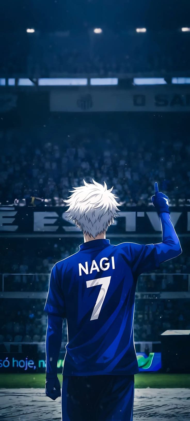 a man with white hair is standing in front of a crowd wearing a blue uniform