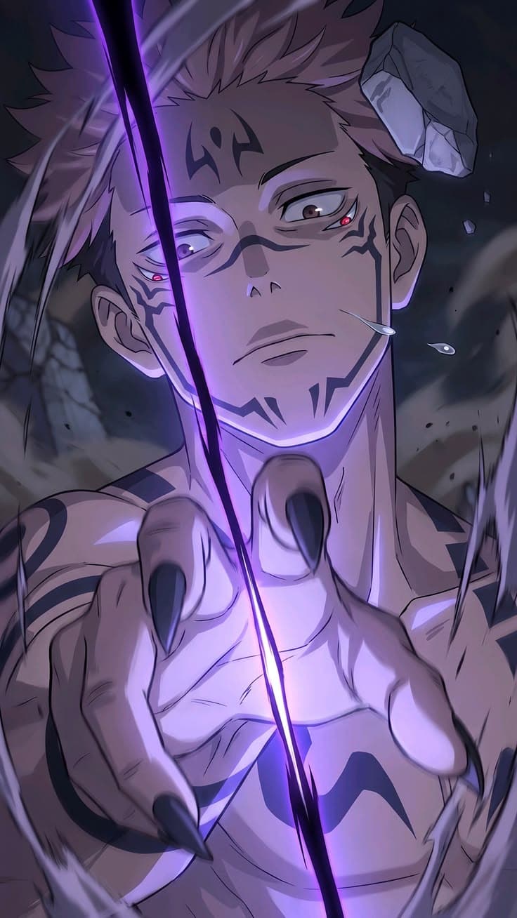 an anime character with purple hair and tattoos holding a knife in his hand while looking at the camera