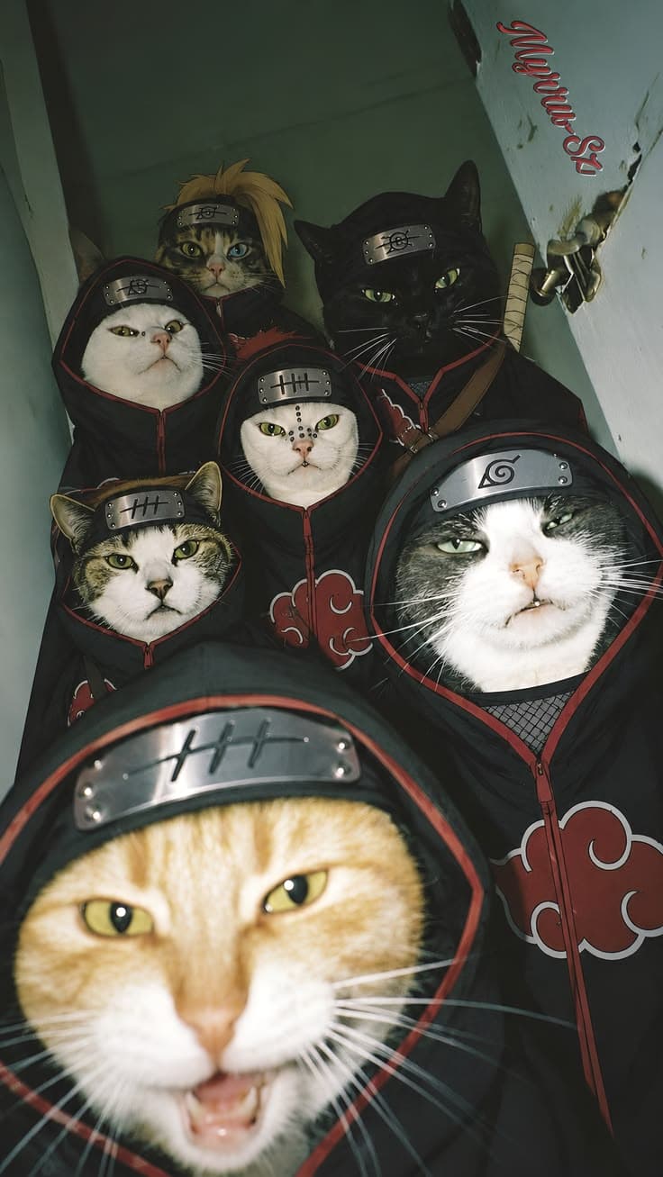 an orange and white cat in a backpack with many other cats around it's head