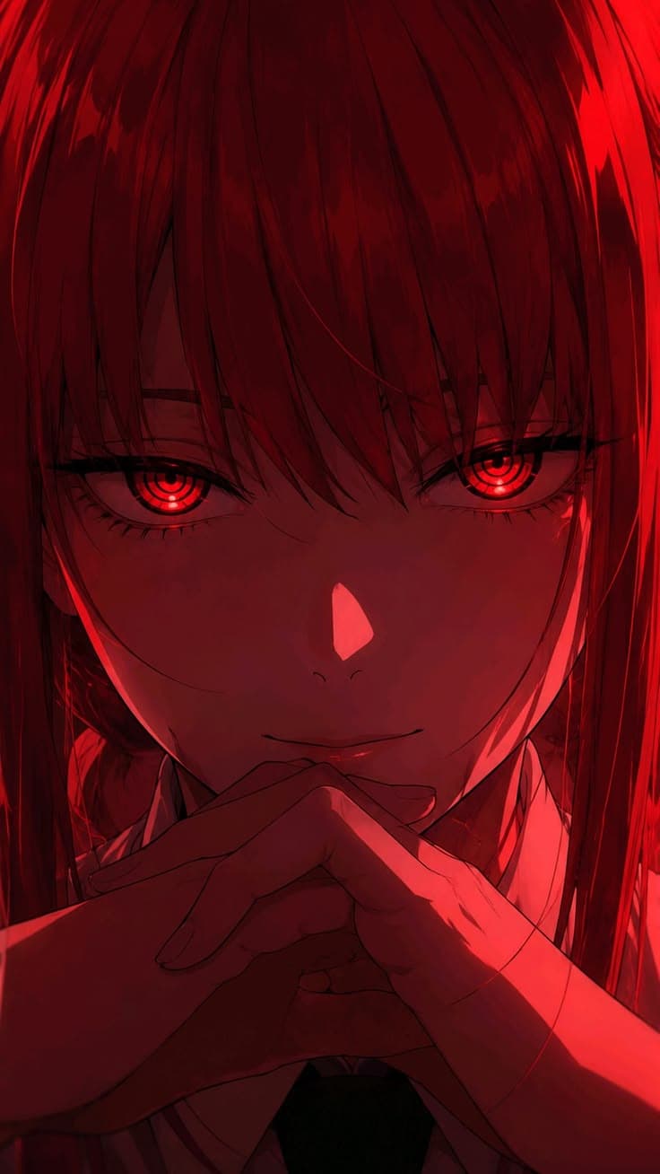 an anime character with red eyes and long hair, holding her hands to her face