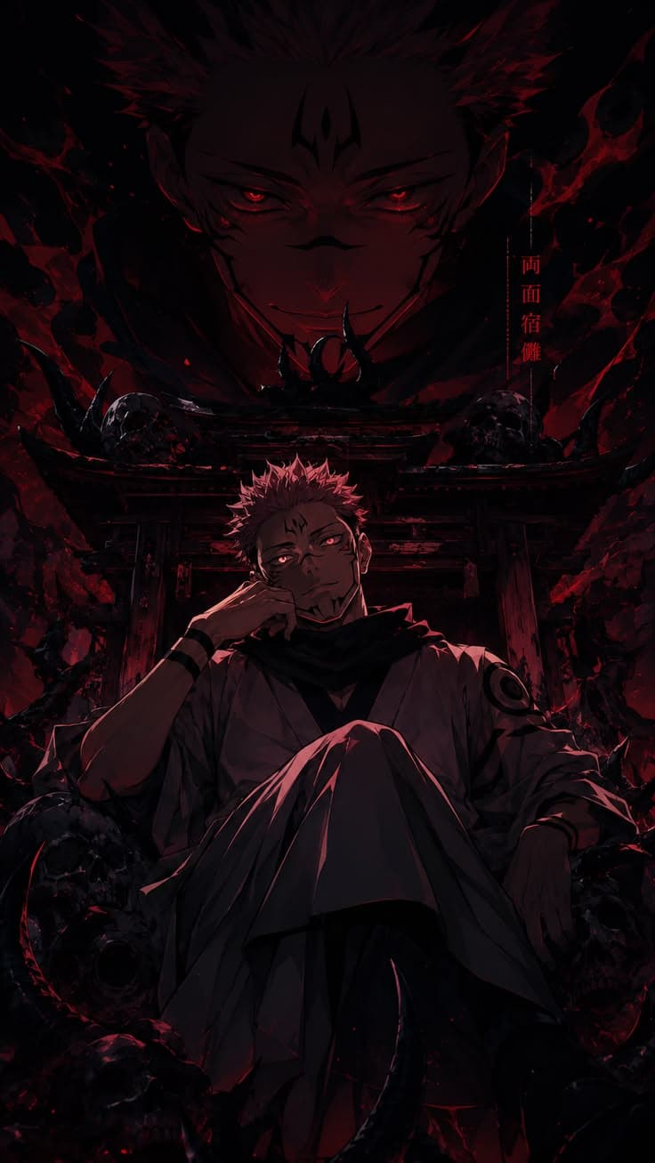 an anime character sitting in front of a demonic demon with his hands on his face