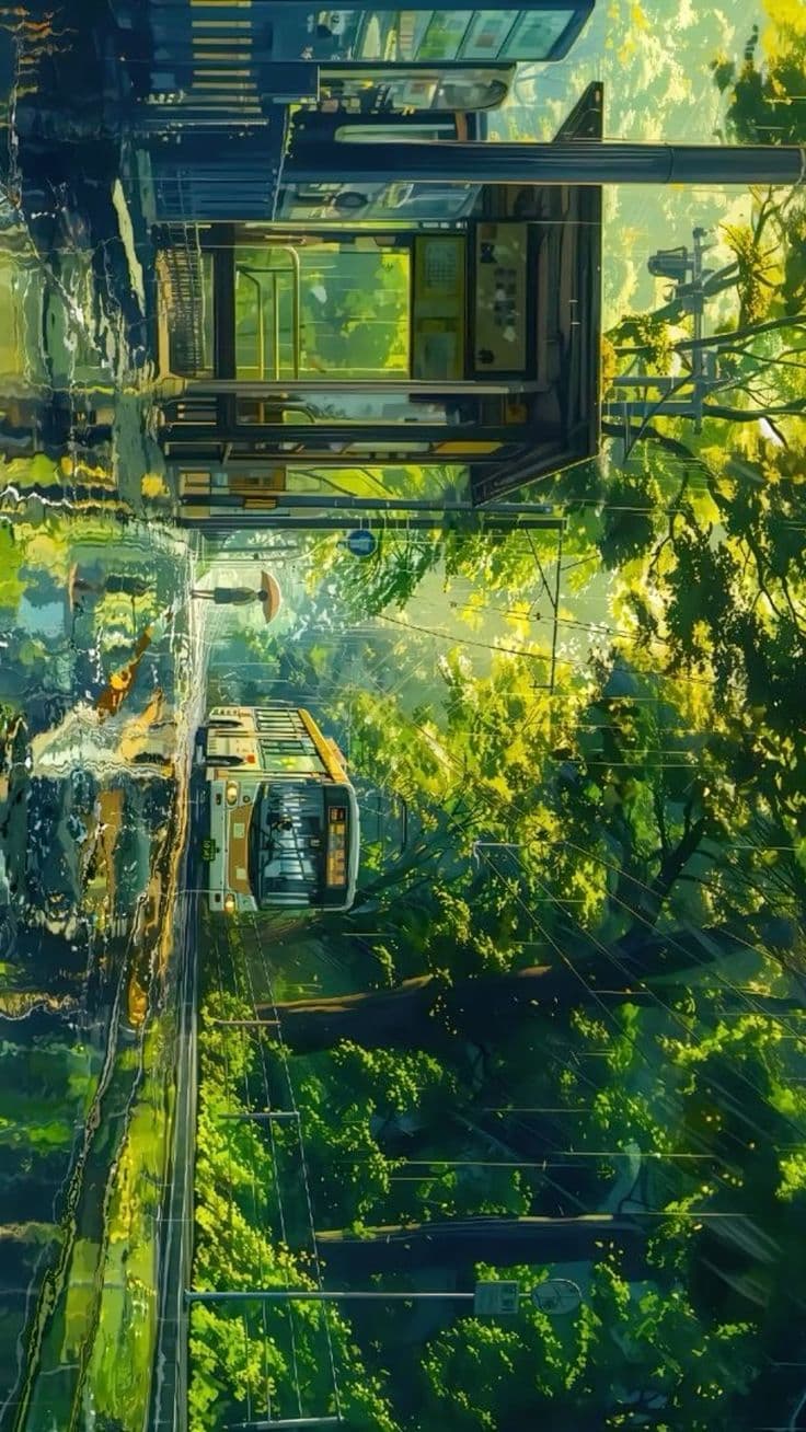a train traveling through a lush green forest