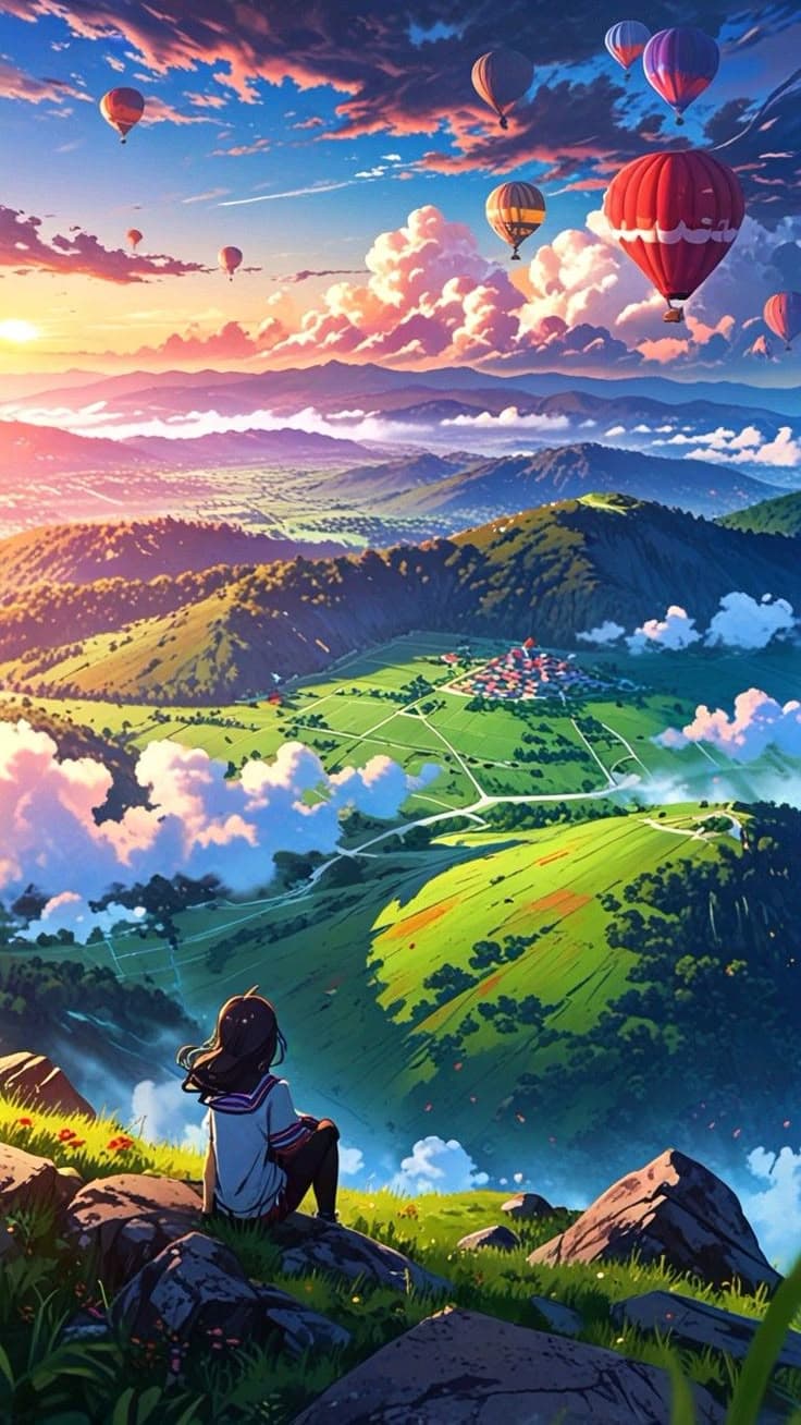 a person sitting on top of a hill looking at the sky with hot air balloons flying above