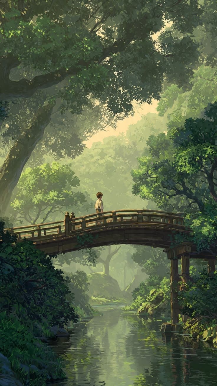 a painting of people standing on a bridge over a river in the middle of a forest