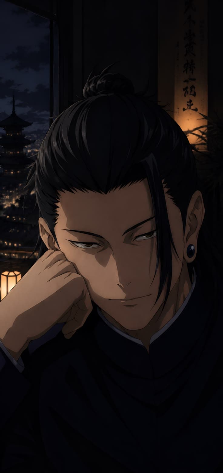 an anime character with his hand on his face looking out the window at night time