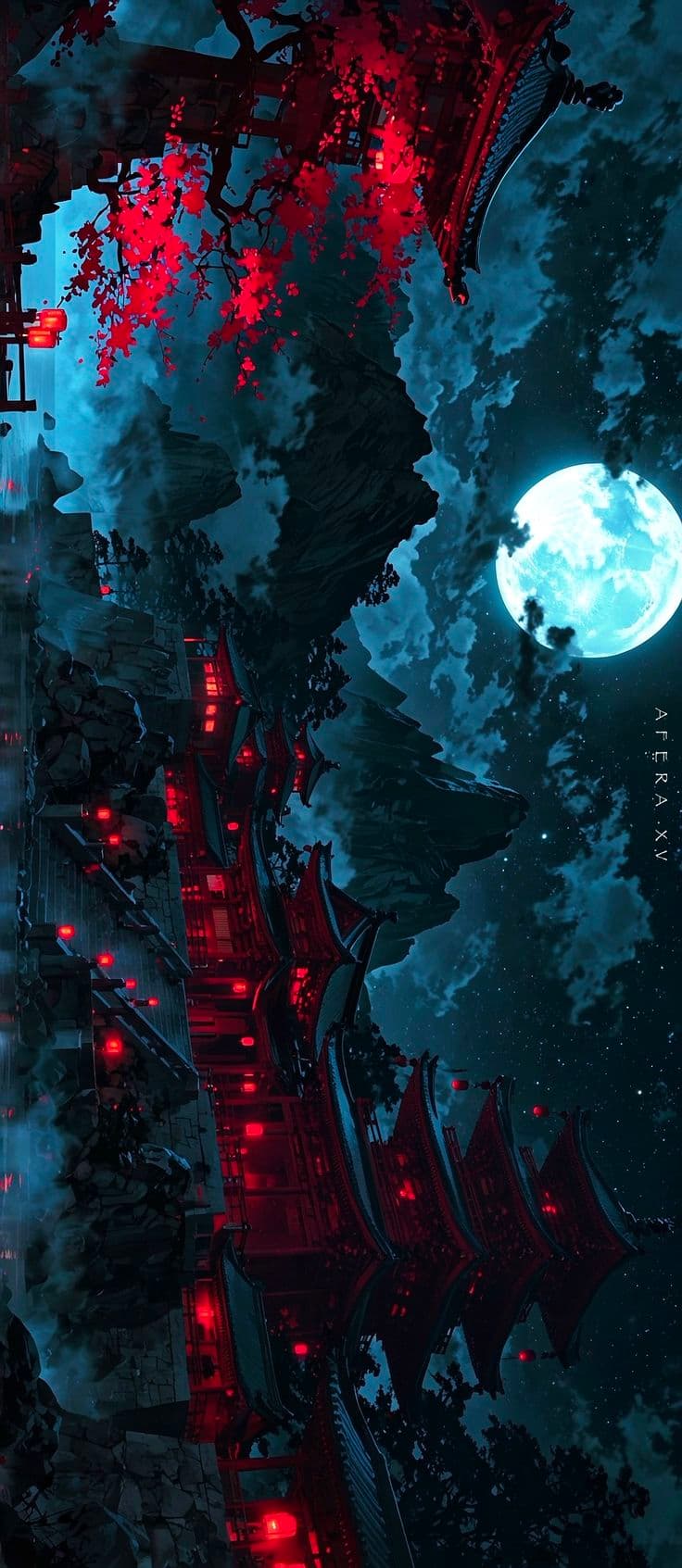 an anime scene with the moon in the sky and red lights shining on the ground