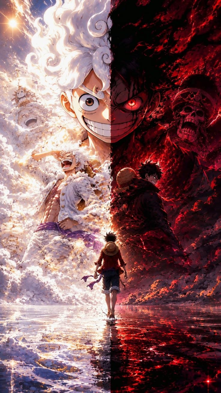 Vertical digital anime art wallpaper split down the center. The left half shows Monkey D. Luffy transformed into his Gea
