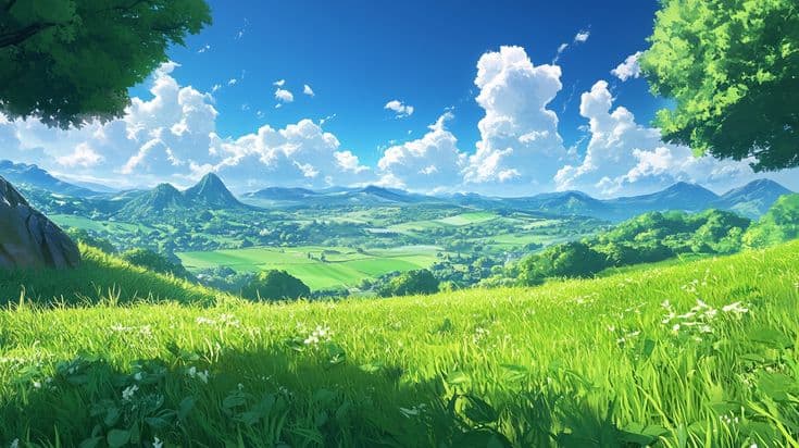 an anime landscape with green grass, trees and mountains in the background is blue sky
