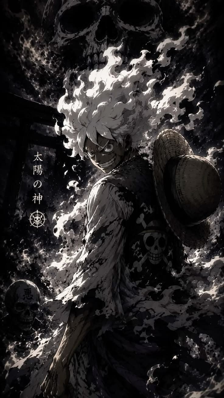 Monkey D. Luffy reimagined as the ultimate Shinigami in a dark fantasy style. Inspired by Gear 5 and a fan-made Gear 6 c
