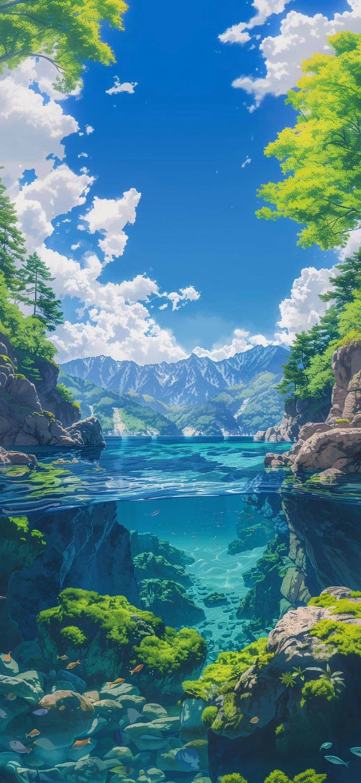 an underwater scene with trees and mountains in the background