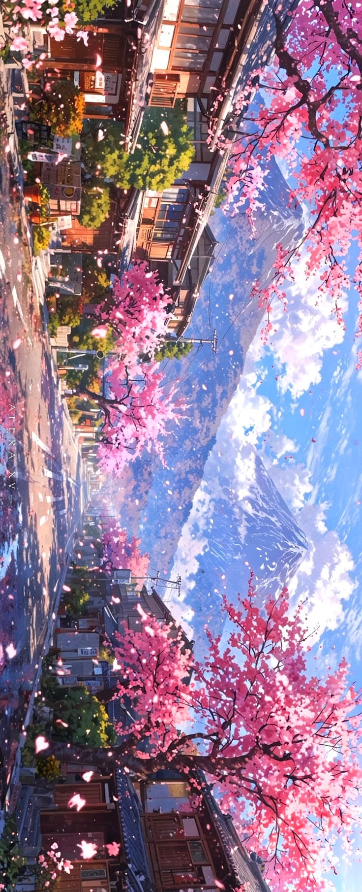 the reflection of buildings and cherry blossoms on the water is shown in this painting by an artist