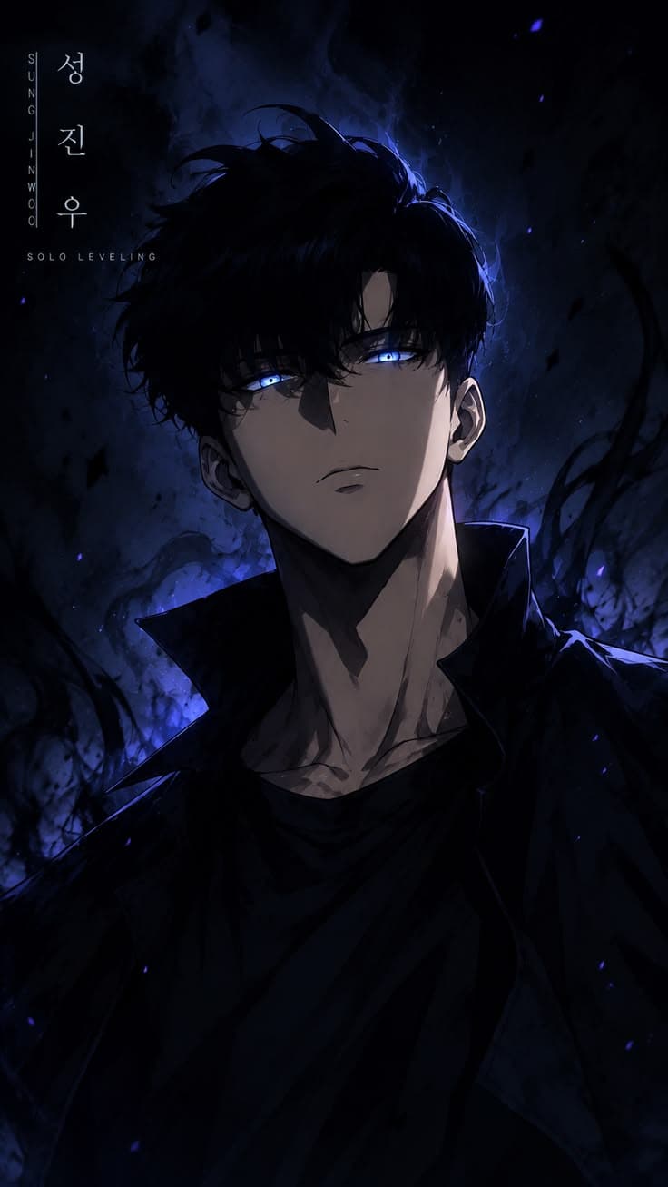 Dark fantasy anime wallpaper featuring Sung Jinwoo from Solo Leveling standing with glowing purple aura and shadow energ