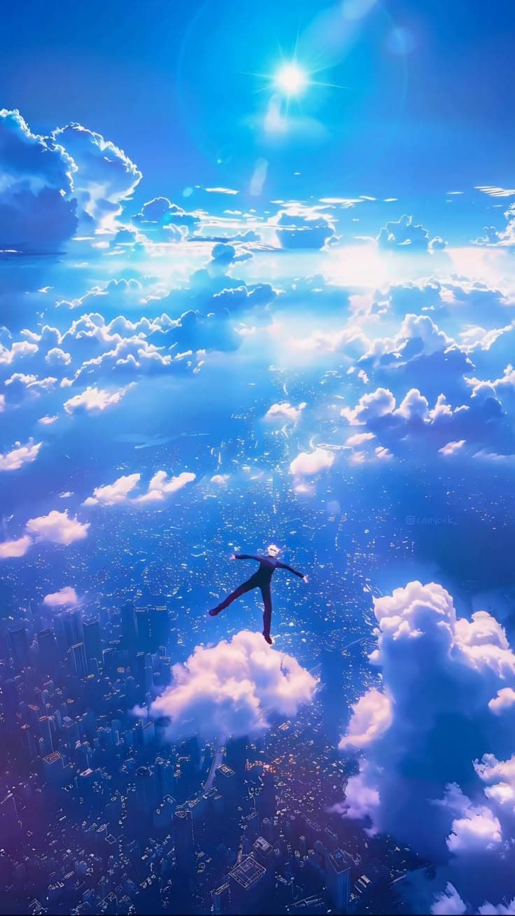 the person is flying high above the clouds with their arms spread out in the air