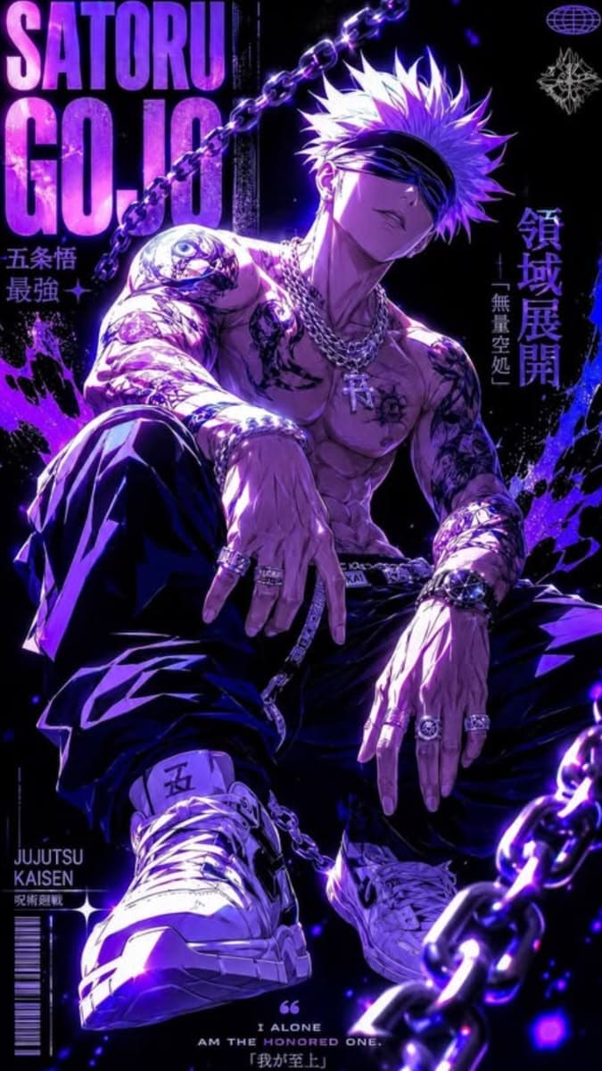 an anime character sitting on the ground with his hands in his pockets and wearing tattoos