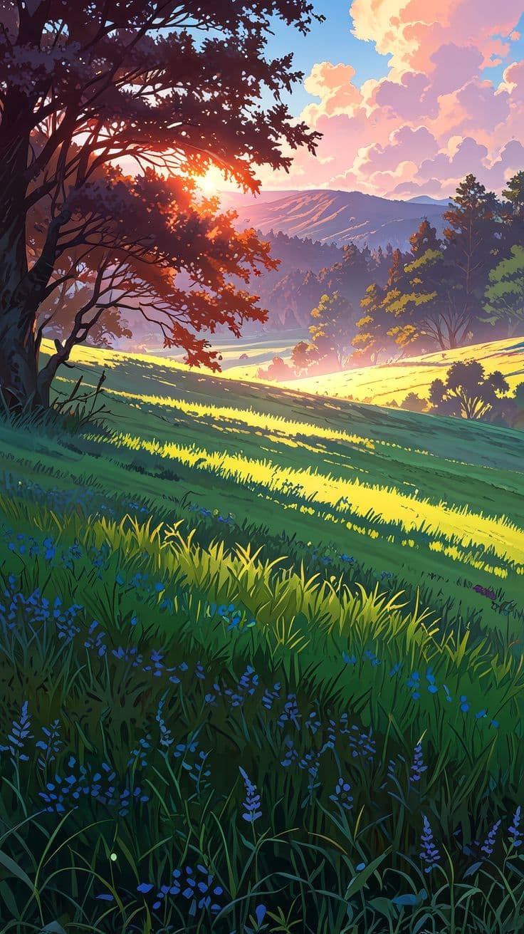a painting of a field with trees and flowers in the foreground, at sunset