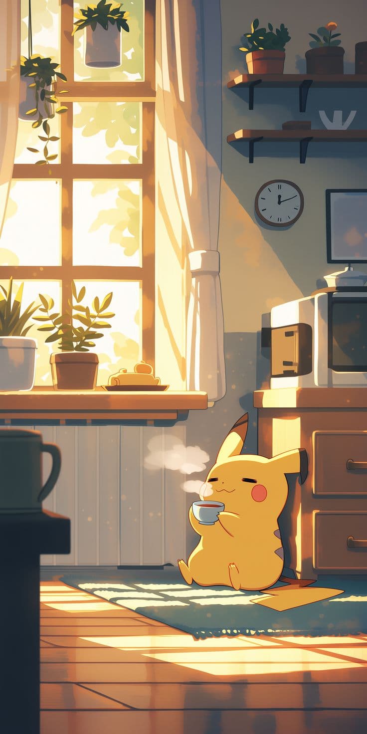 a yellow pokemon pikachu sitting on the floor in front of a window
