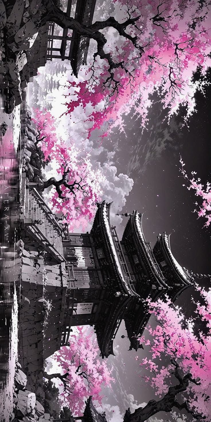 the reflection of trees and buildings is shown in this artistic photo, with pink flowers on them