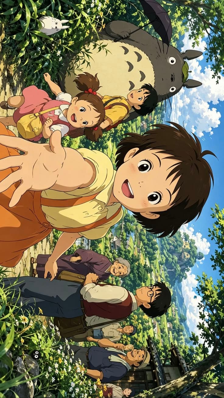 an anime scene with people standing in the woods and one is holding onto another person's hand