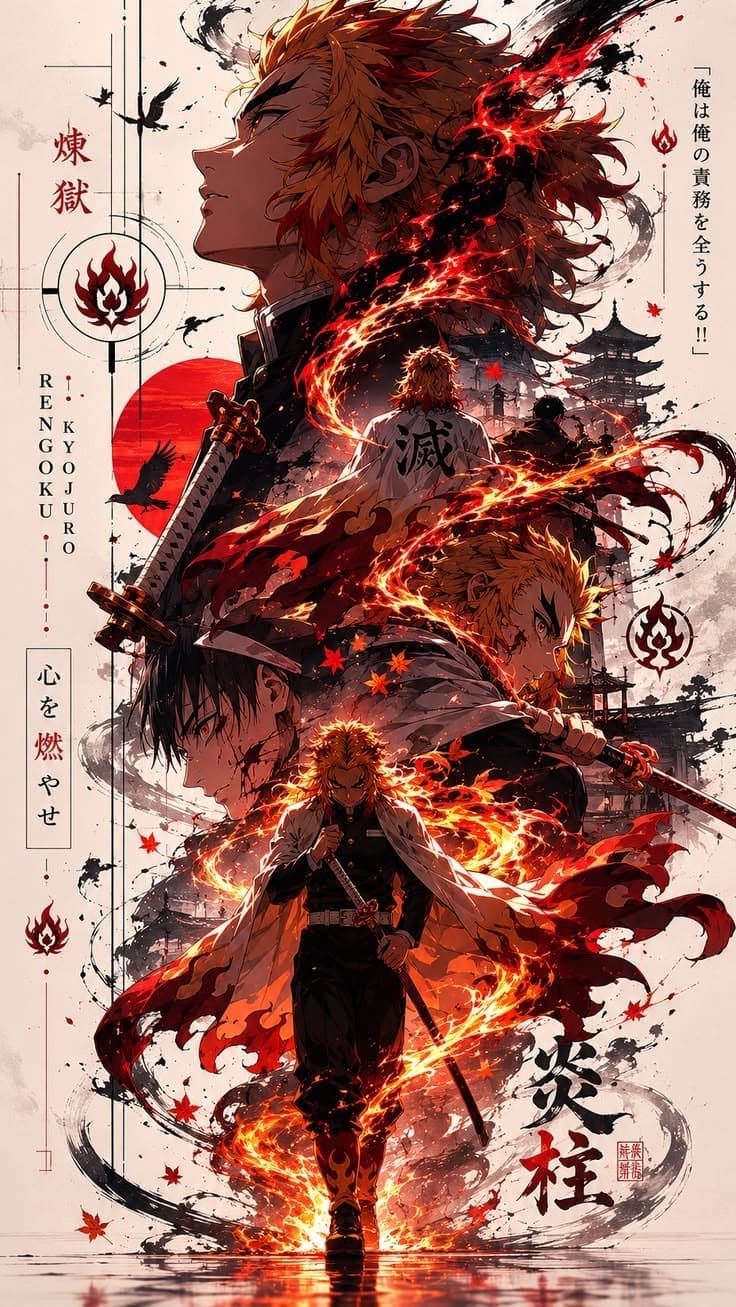 A stunning 4K Kyojuro Rengoku wallpaper from Demon Slayer, showcasing the Flame Hashira with blazing fire effects, a kat