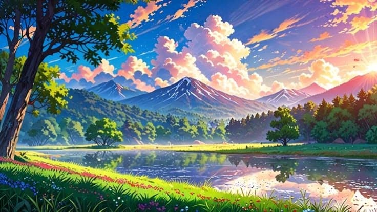 a painting of the sun setting over a mountain lake with trees and flowers in front of it