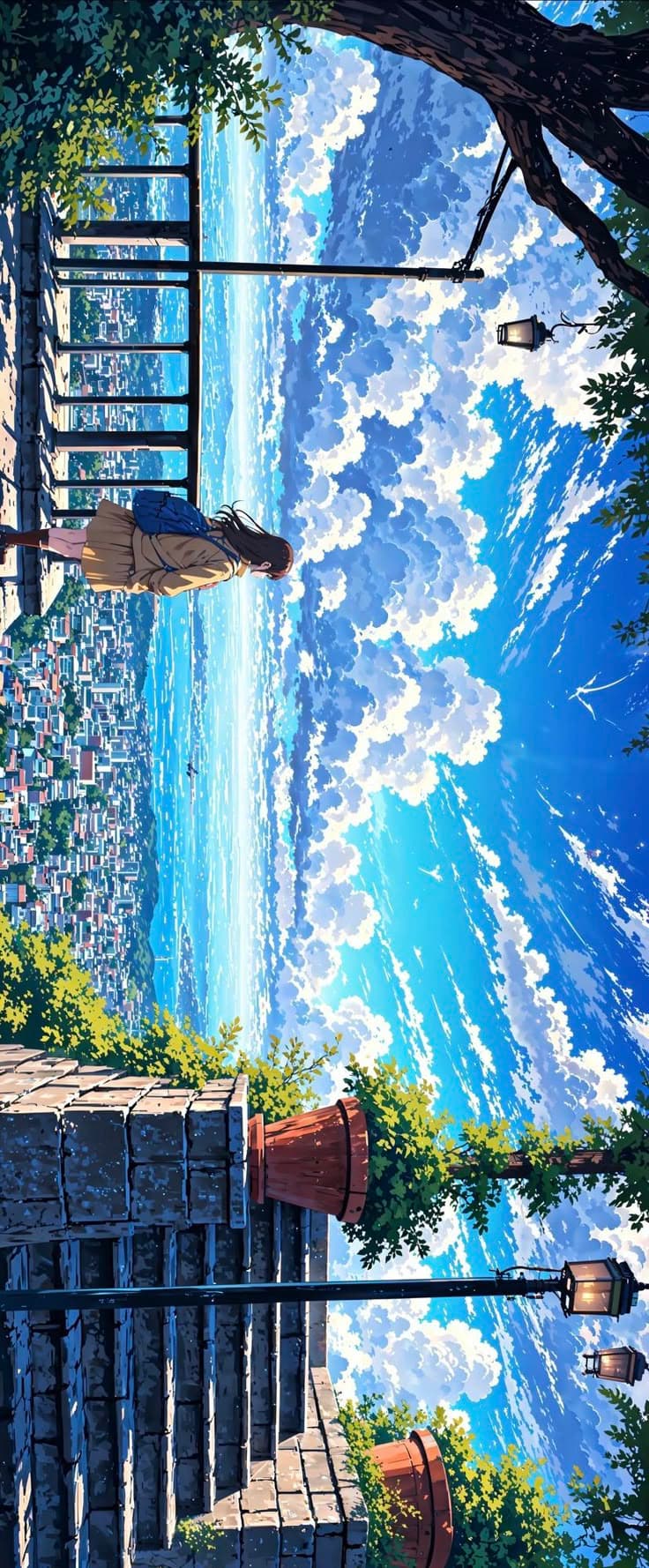 an anime scene with the sky and water as well as trees, umbrellas and buildings