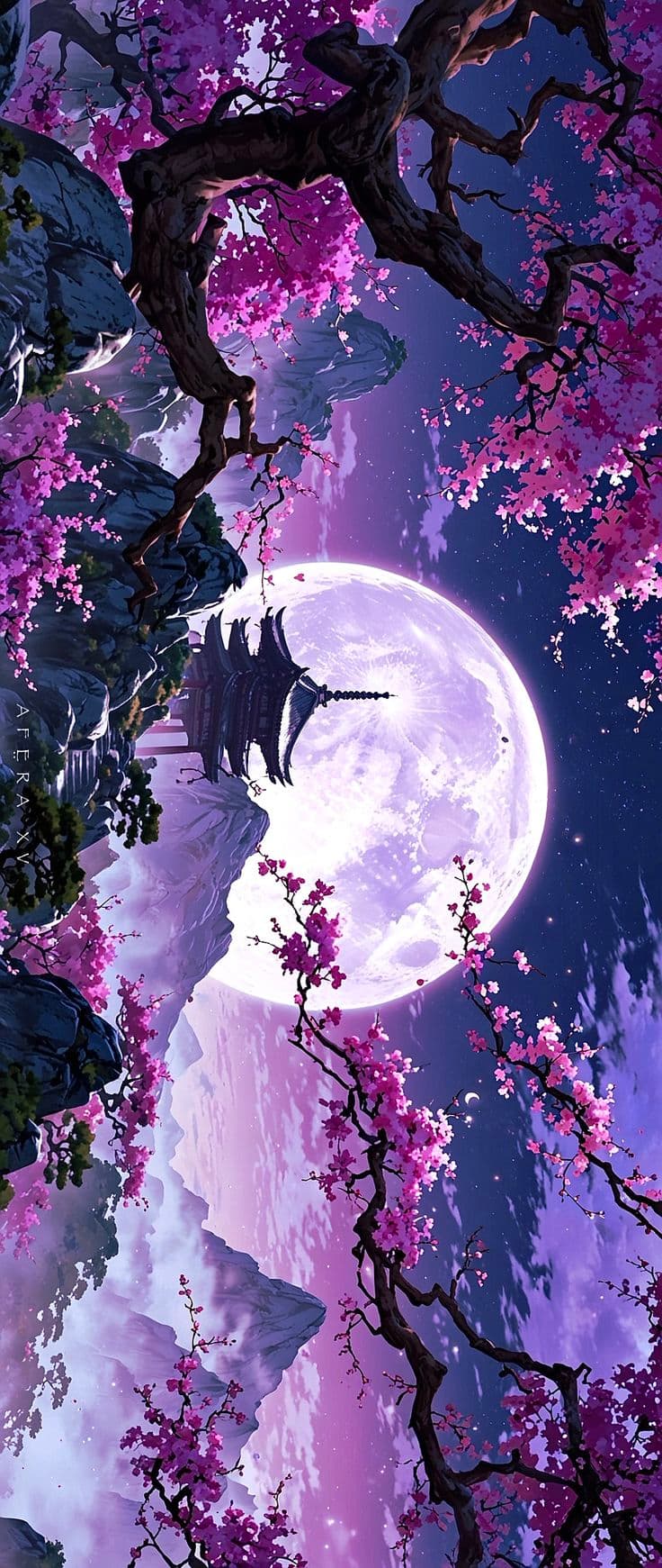 a full moon in the night sky with pink flowers and trees around it