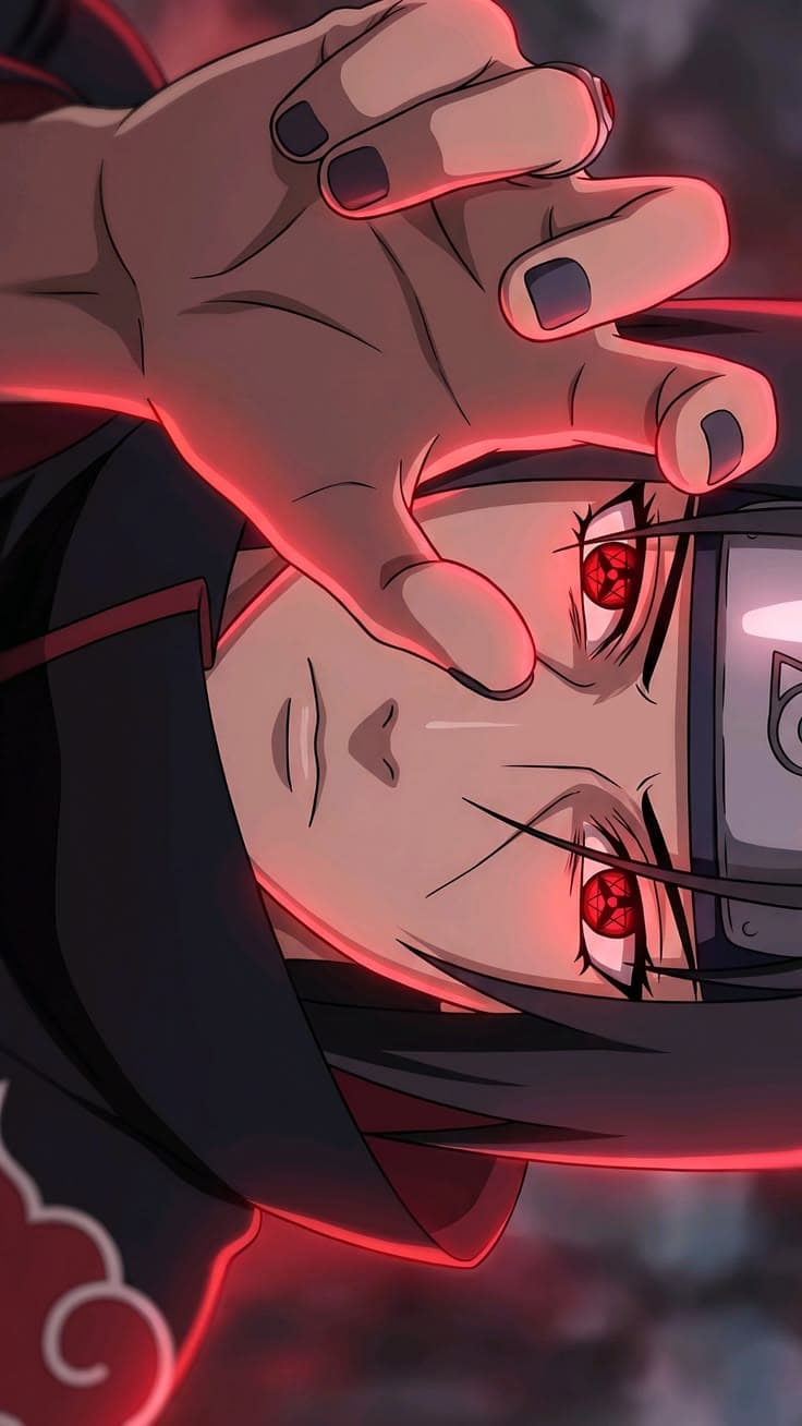 a person holding their cell phone up to the camera, with red eyes and black hair
