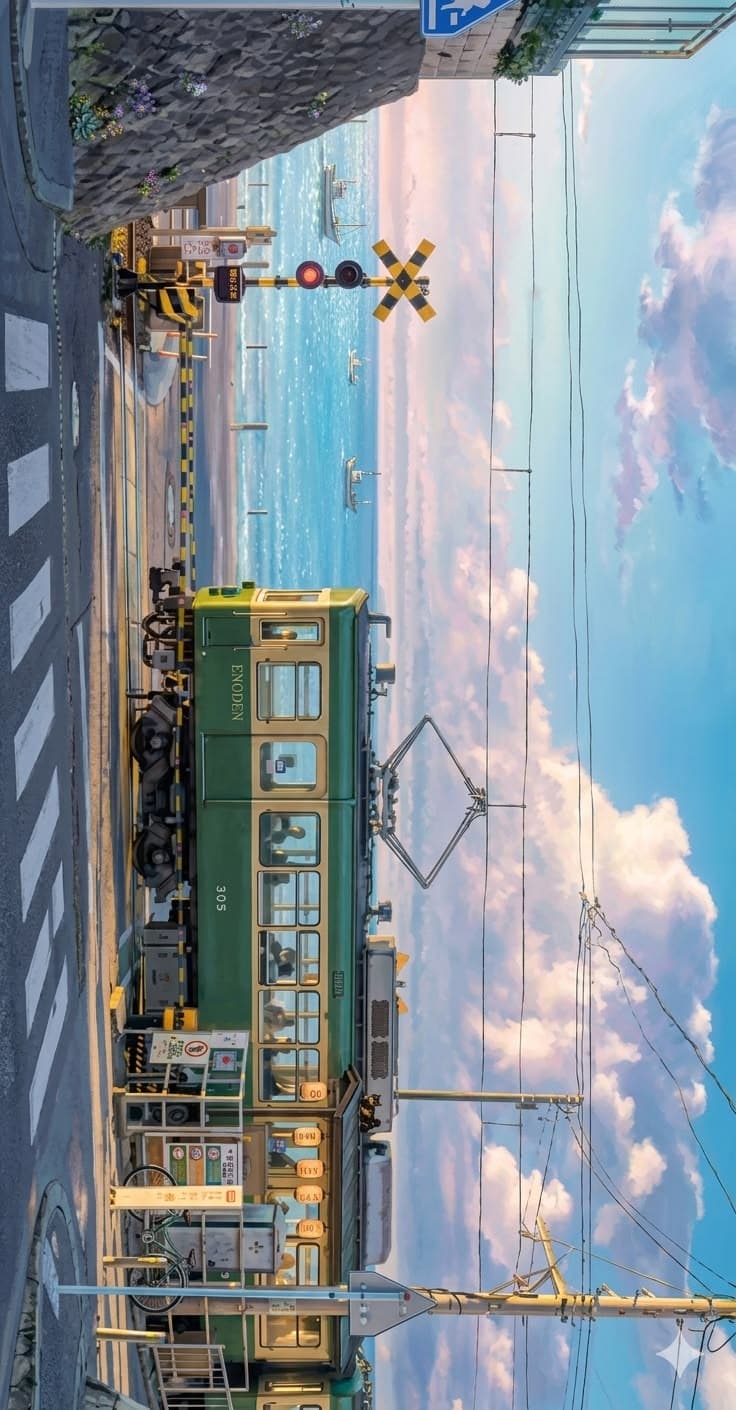 the train is going down the tracks by the water and clouds are in the sky