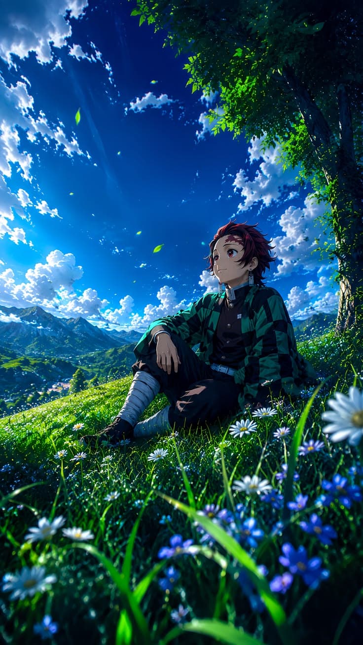 Tanjiro Kamado sitting peacefully on a lush green hillside surrounded by blooming wildflowers under a deep blue sky with