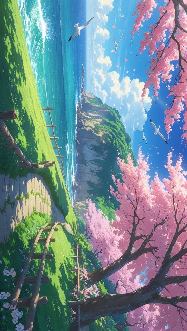 an anime scene with pink flowers and green trees on the side of a cliff overlooking the ocean