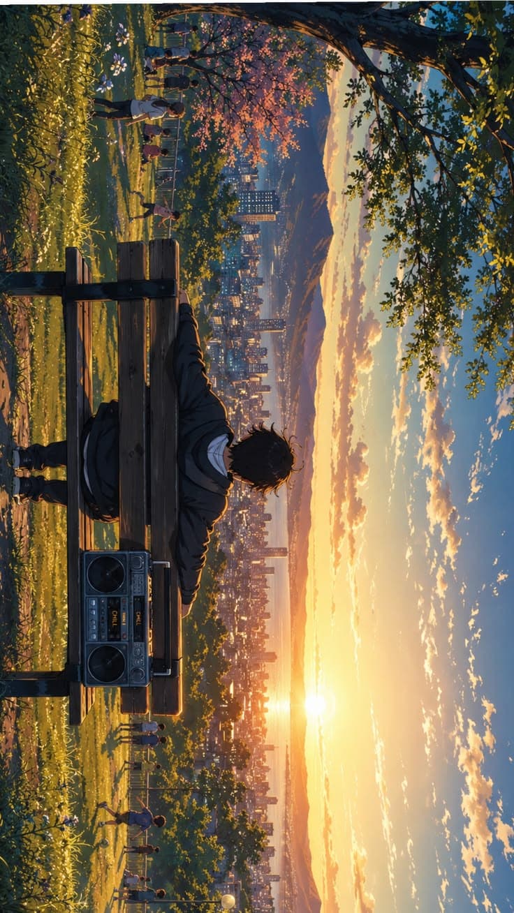Anime boy sitting alone on a wooden bench during sunset in a scenic park, with a modern radio beside him, children and p