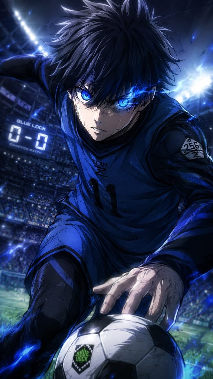 an anime character holding a soccer ball on a field