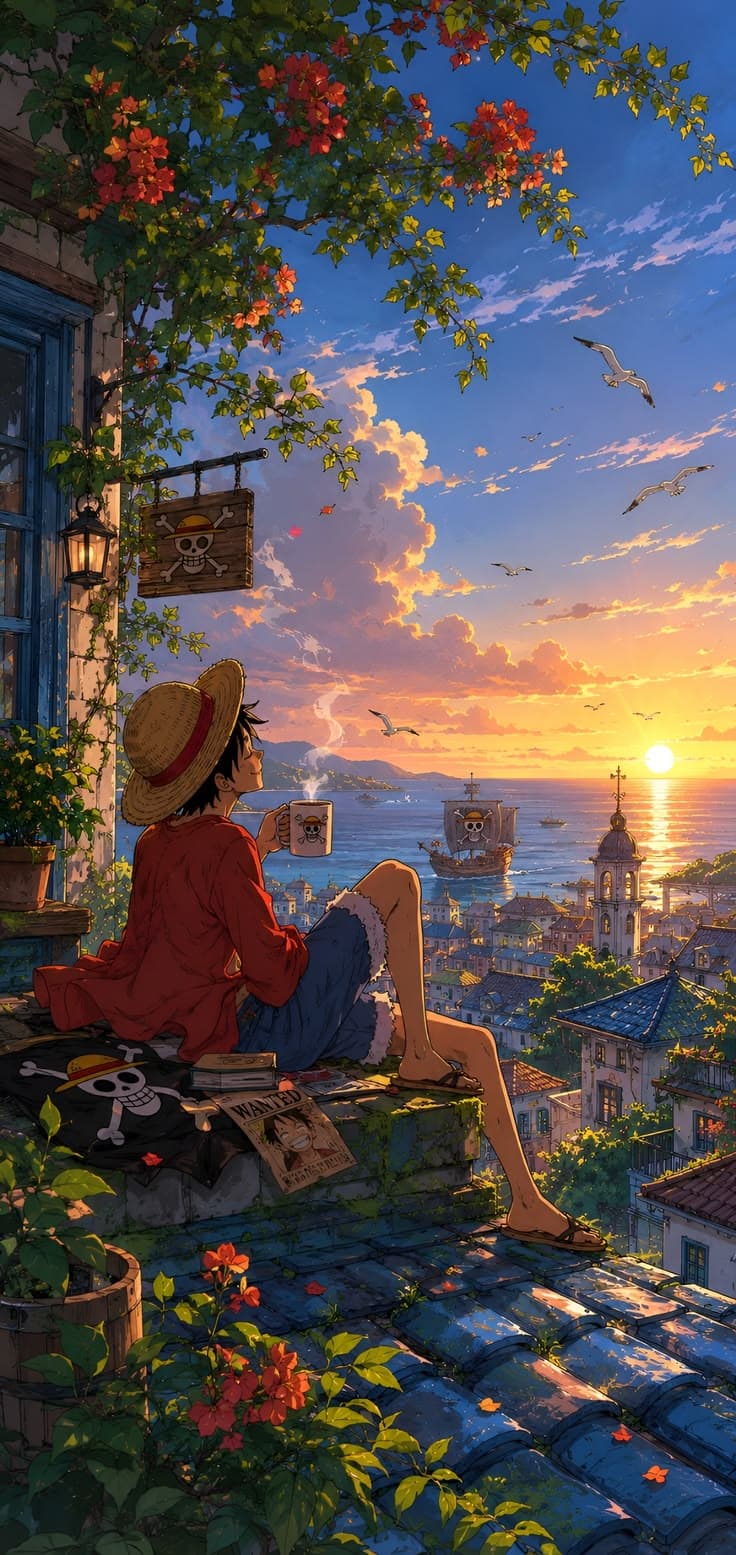 a woman sitting on top of a roof looking out at the sunset over a city