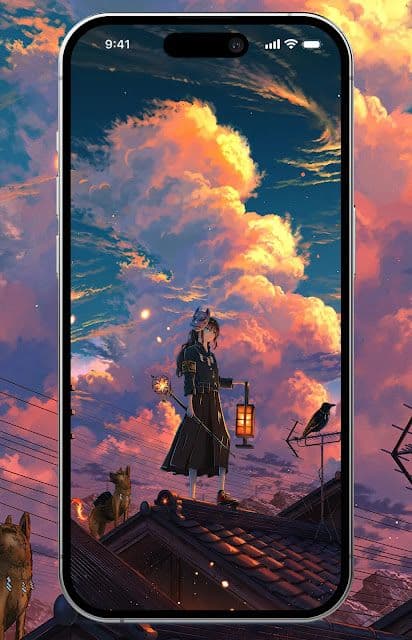an anime character standing on top of a roof looking at the sky with clouds in the background
