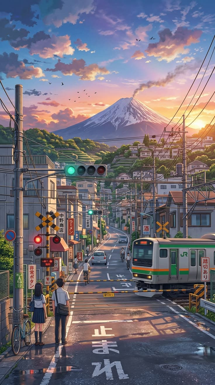 two people are walking down the street in front of a train at sunset with a mountain in the background