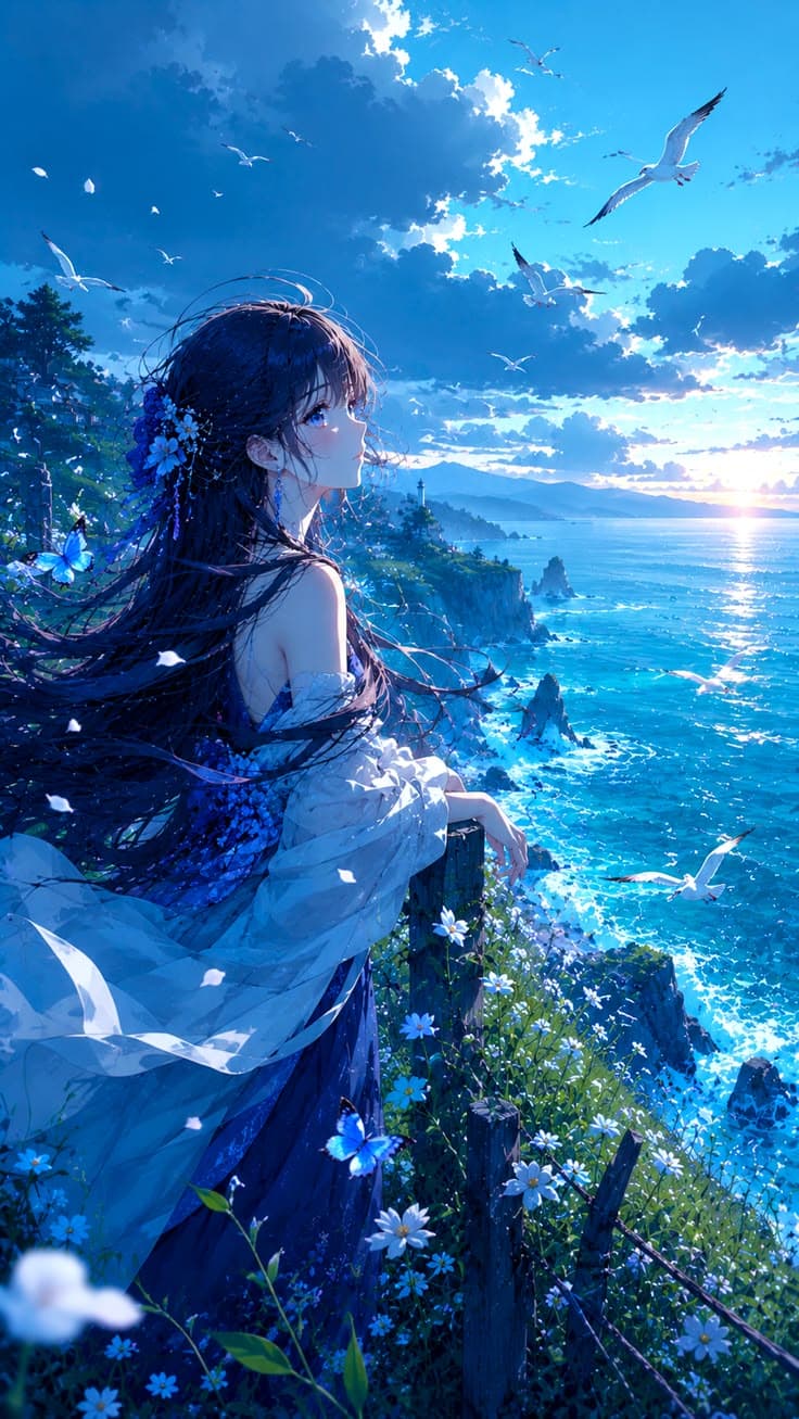 a woman standing on top of a lush green hillside next to the ocean under a blue sky