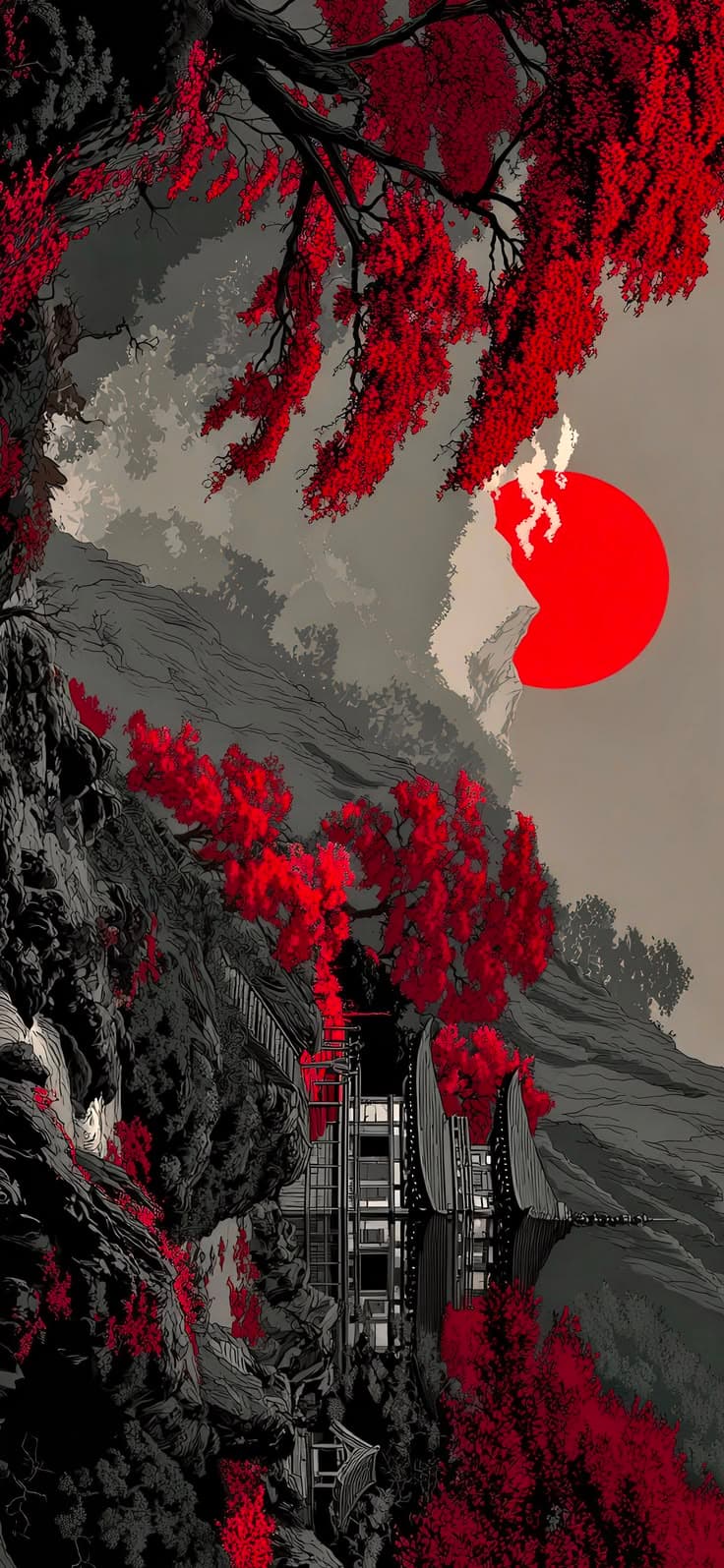 a red and black painting with trees in the foreground